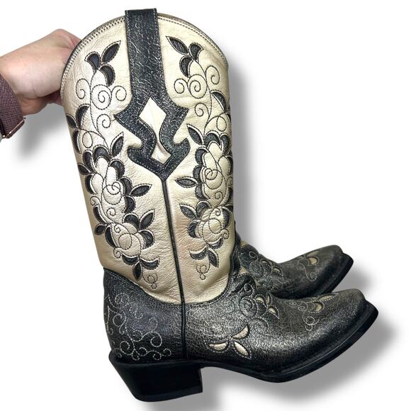 J.B. Dillon Calf Pointed Toe Black Gold Cowhide Leather Western Cowboy Boots 7.5 - Picture 1 of 10
